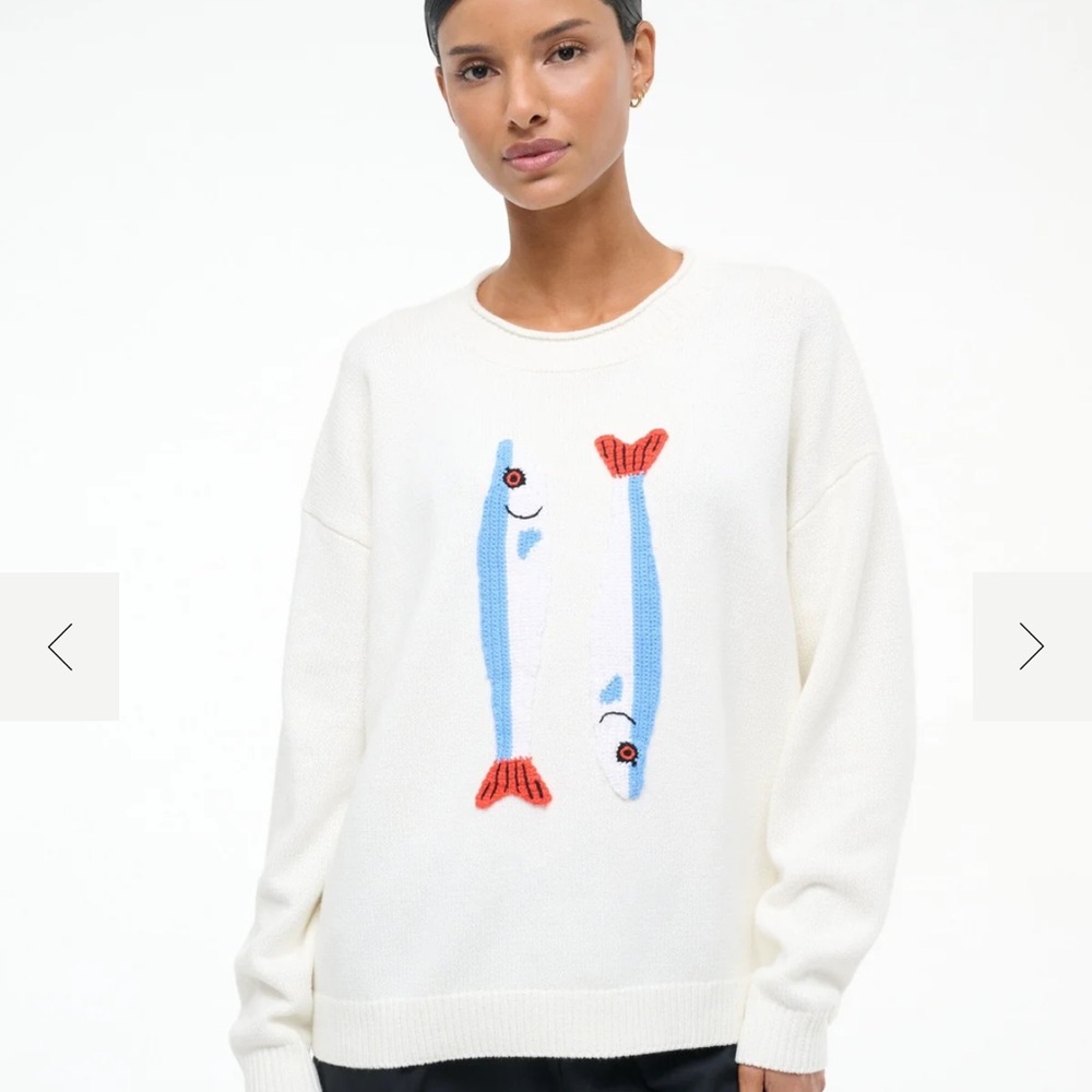 STAUD White and Red Crew Neck Sweater with Playful Design
